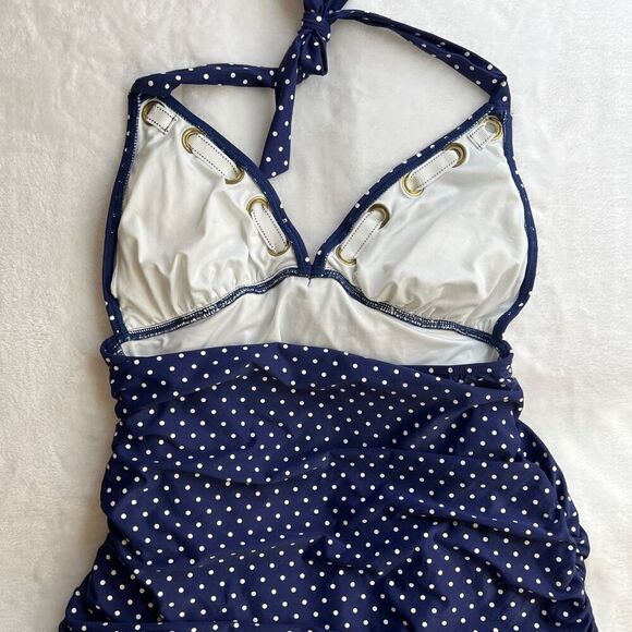 One Piece Halter Top Swimsuit Retro Pinup Style Blue and White Polka Dot Size Me - Picture 9 of 14